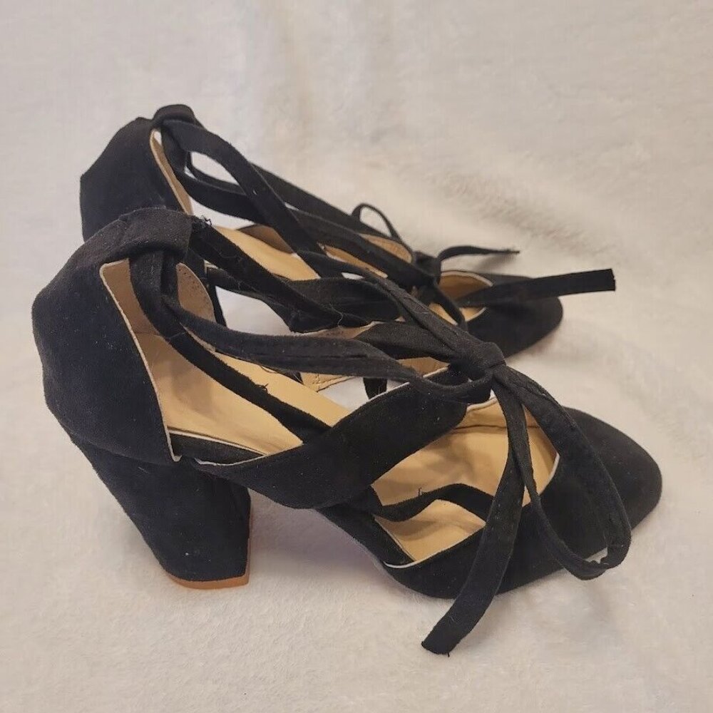 Black Suede Lace Up Block Heel Dress Shoes Sz 8.5 EU 39 Women’s Round Toe Pumps - Picture 4 of 9